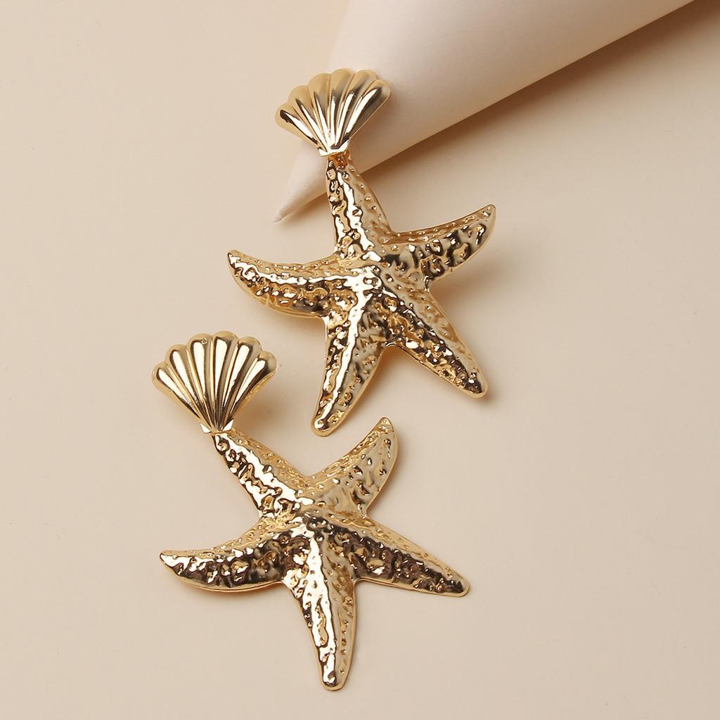 Gold Fashionable Shell Starfish Design Women Metal Earrings For Beach Summer