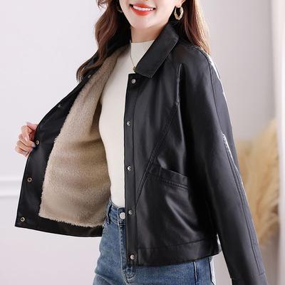 Кожаная куртка, женская короткая модель, весенне-осенняя женская куртка из ПУ кожи с лацканами и бархатом