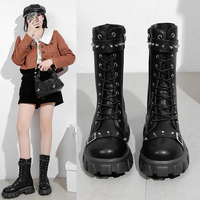 Fashion Fashion Large Size Women's Thick-soled Boots New Rivet Decoration Handsome Girl High-top Motorcycle Boots Botas De Mujer