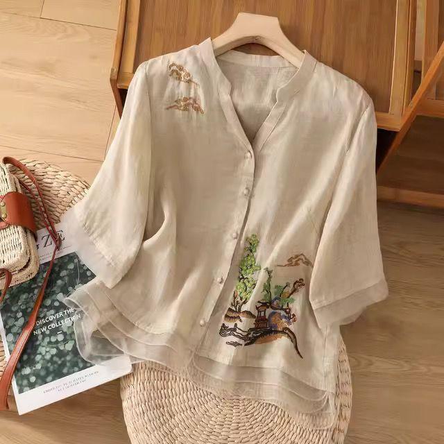 Блузка Вышивка Рубашка Стойка Воротник Вышитая Рубашка Лето Весна Женская Рукав с Воланом