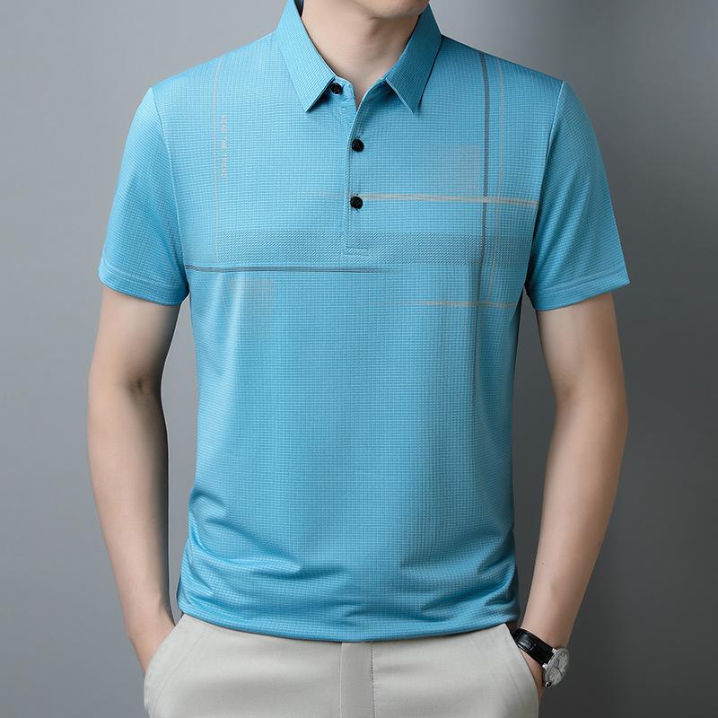 Мужская полосатая рубашка поло с коротким рукавом, тонкий деловой повседневный лацкан, средняя футболка