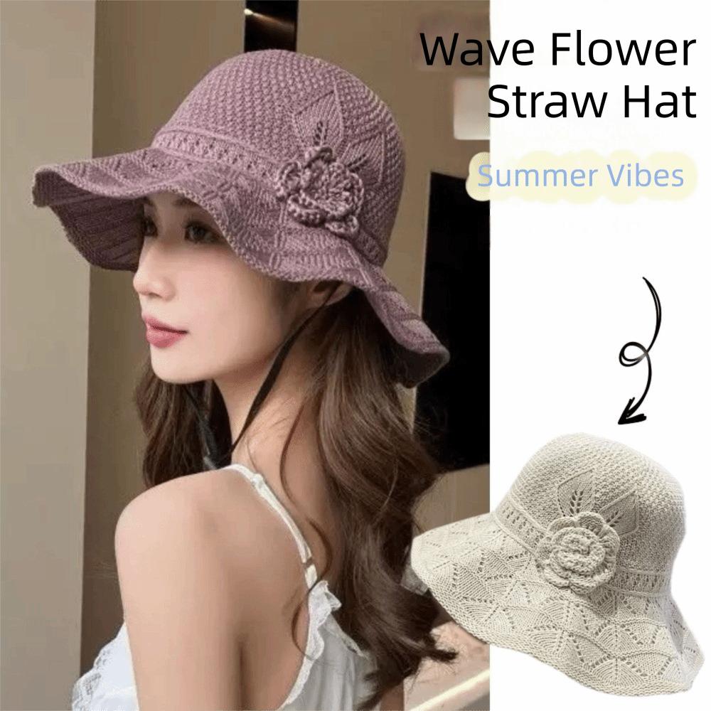 Elegant Sweet Straw Sun Hat Big Brim French Style Knitted Bucket Hat Visor Cap Temperament Seaside Beach Cap Lady