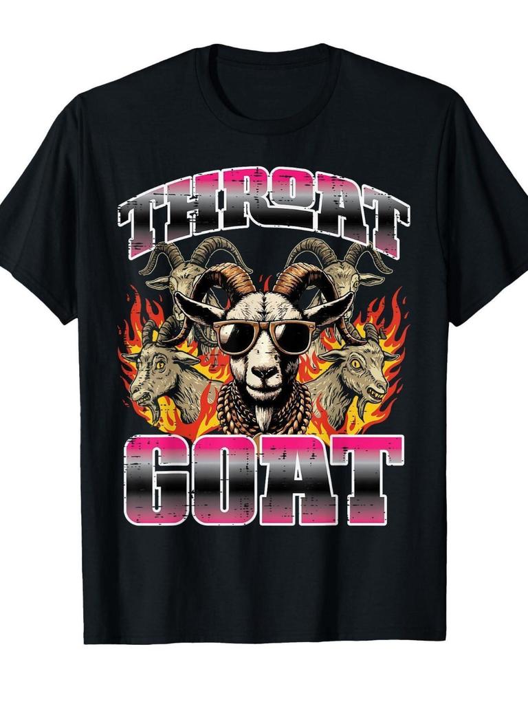 Unisexs Funny Printed Throat Goat Graphic Tshirt Black Retro Pink Red Bold Print Loose Fit 100 Cotton Tee With Goat Headphones