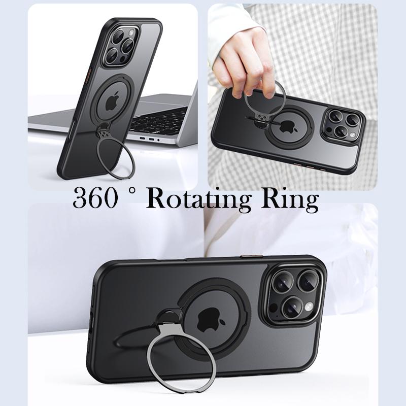 KEYSION Прозрачный матовый чехол для MagSafe для iPhone 16 Pro Max с вращающимся на 360 ° магнитным кольцом-подставкой, противоударная задняя крышка для телефона
