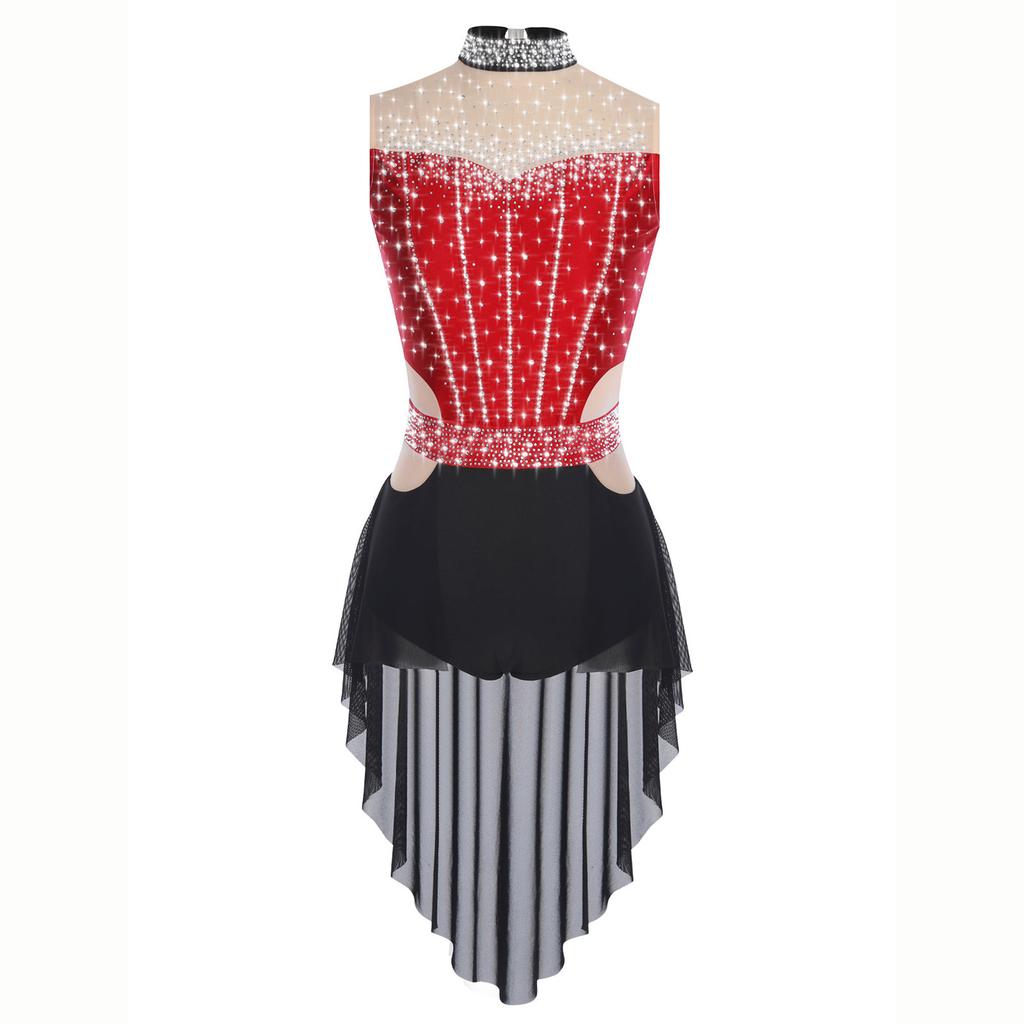 Women Lyrical Dance Dress Mock Neck Sleeveless Backless Shiny Rhinestones Color Block Mesh Skirted Leotard
