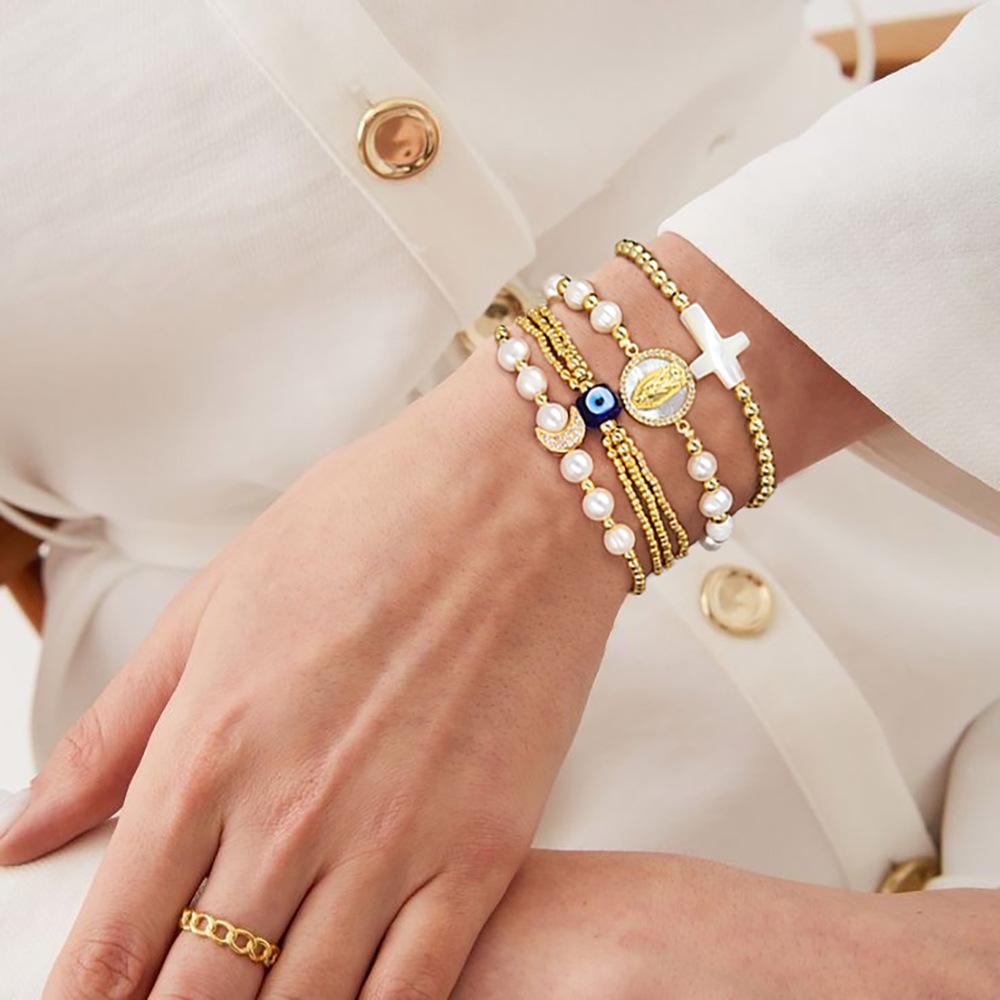 European & American Virgin Mary Multi-Layer Beaded Pearl Bracelet Set, Ethnic Style for Women