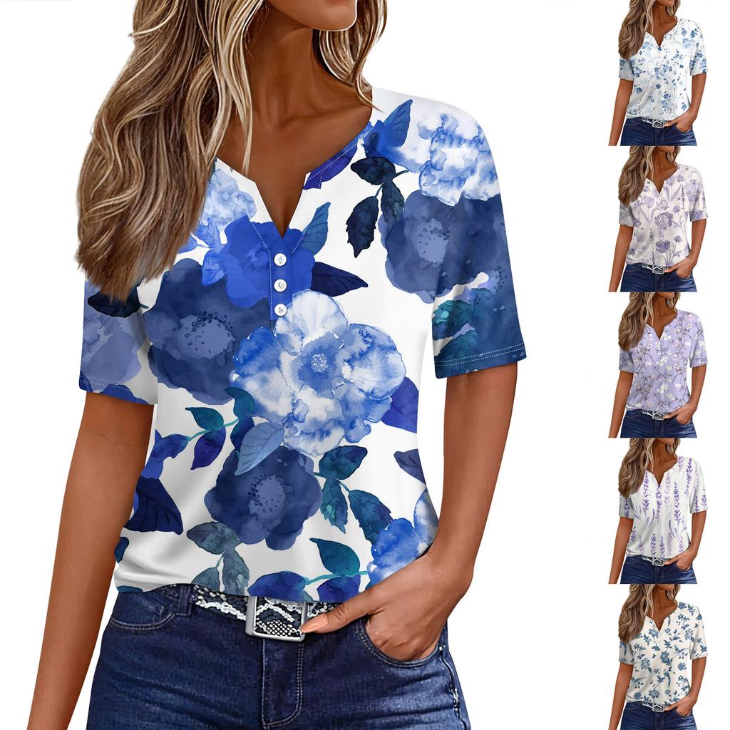 Short Sleeve Shirts For Women Cute Flowers Print Graphic Tees Blouses Casual Plus Size Basic Tops Pullover
