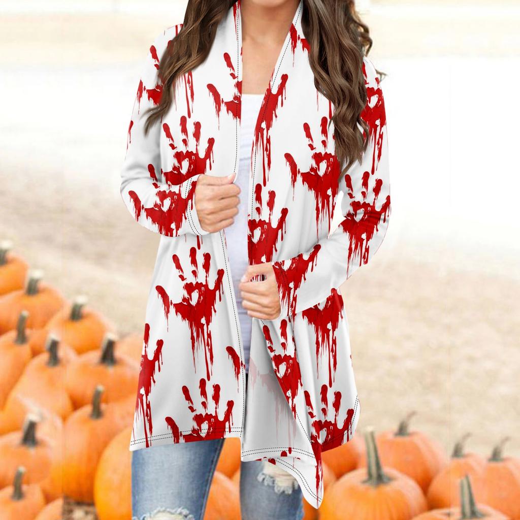 Женский модный повседневный кардиган средней длины с принтом на Хэллоуин, куртка, пальто