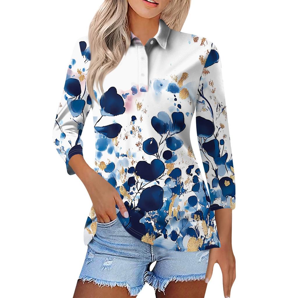 Женская модная повседневная рубашка с короткими рукавами 3/4 с лацканами и принтом, женские топы на пуговицах