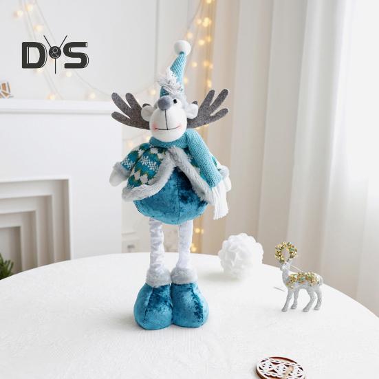 Christmas Doll Ornament Plush Standing Santa Claus Reindeer Snowman Figure with Telescope Leg Blue Gnome Doll Toy for Tree Fireplace Window Table