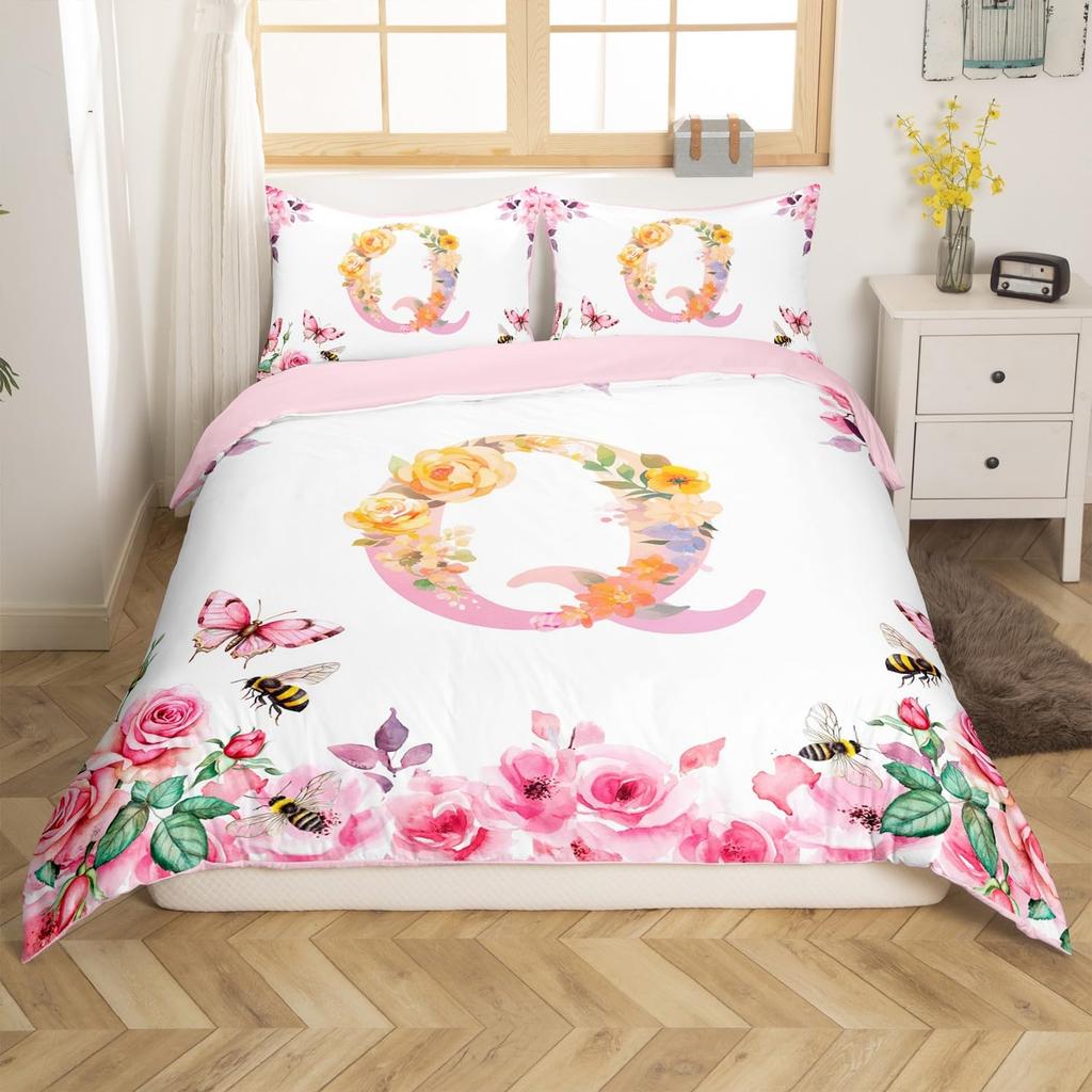 Initial Letter A Duvet Cover for Boys Girls Floral Monogrammed Bedding Set Romantic Rose Alphabet Quilt Cover with 2 Pillow Case
