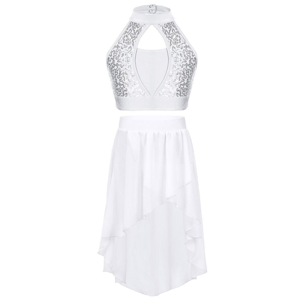 Kids Two Piece Performance Costume Sequin Crop Top Hollow Front Keyhole Back Irregular Chiffon Skirt Dance Outfit Set
