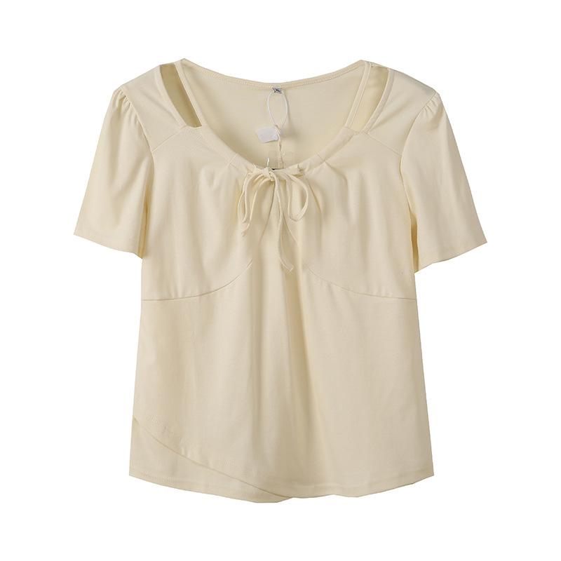 Large size women's clothing design sweet short T-shirt summer new pullover lace-up irregular top 252480
