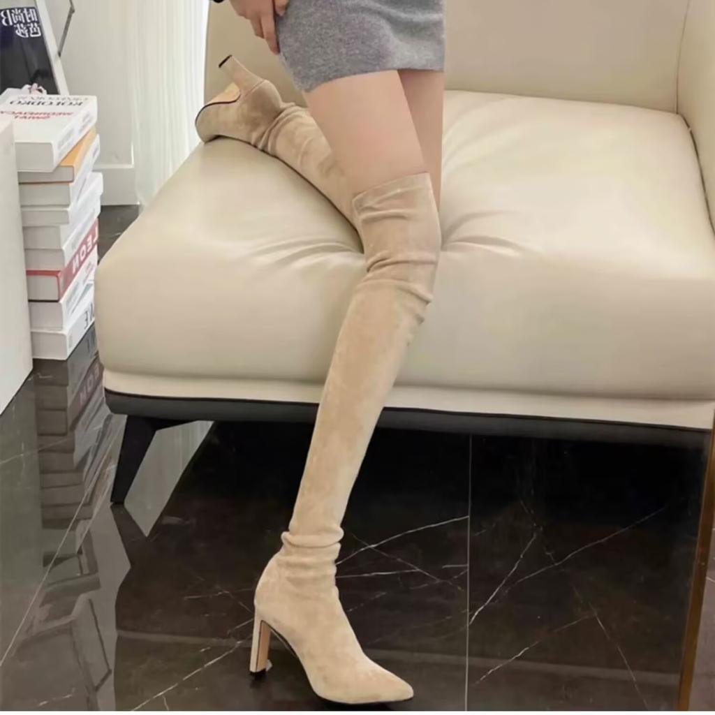 Осень и зима новые женские полусапожки на среднем каблуке однотонные на толстом каблуке остроносые тонкие сапоги до колена эластичные сапоги детские