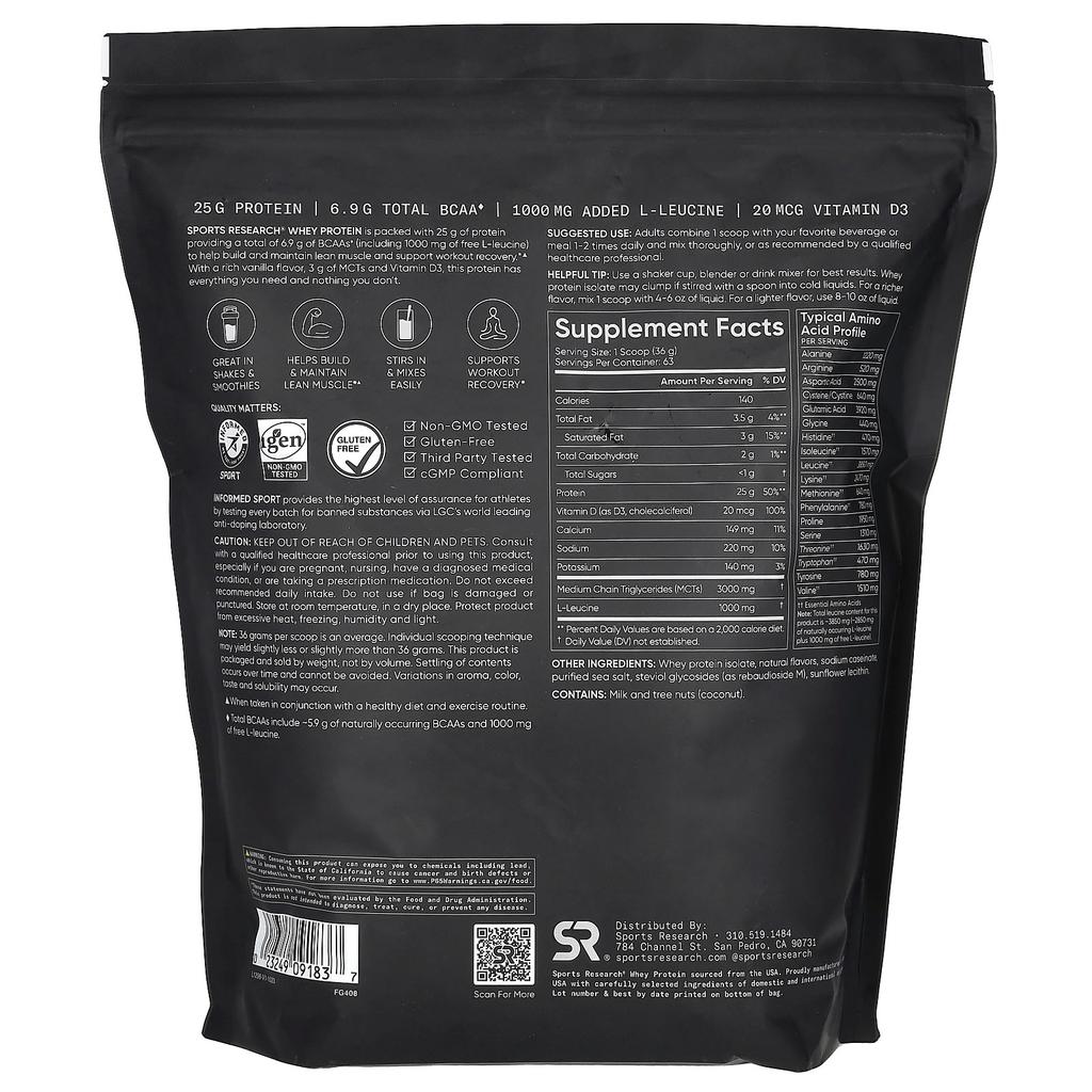 Sports Research Whey Protein, Creamy Vanilla, 5 Lbs (2.27 Kg)