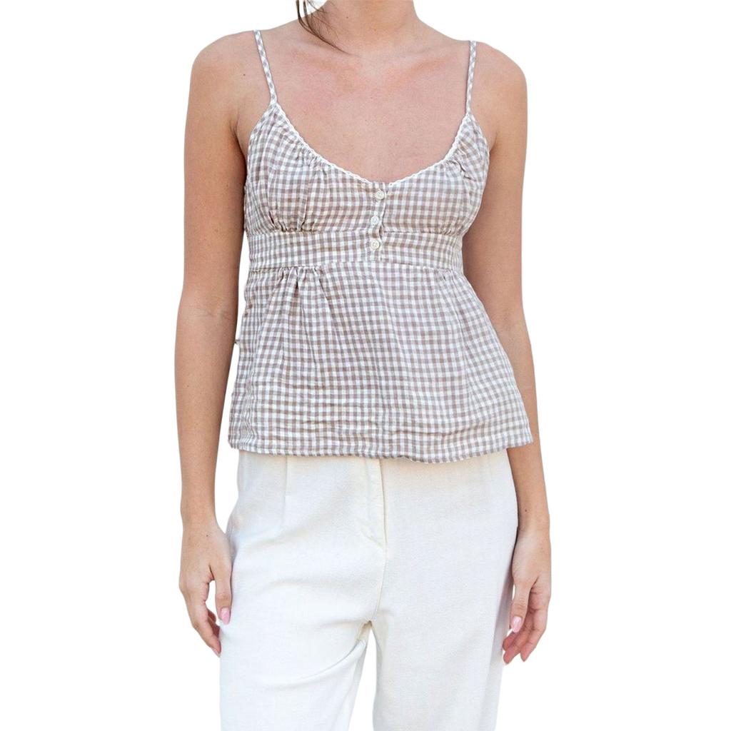 Women´s Summer Casual Camisole Solid/Plaid Sleeveless Deep V Neck Ruffle Hem Sling Vest