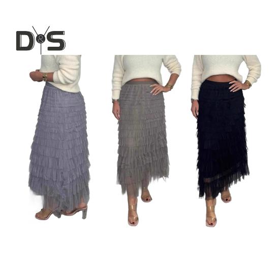 Women Midi Skirt Elastic High Waist Multi Layer Mesh Yarn Long Skirt Solid Color Slimming Style Versatile Skirt