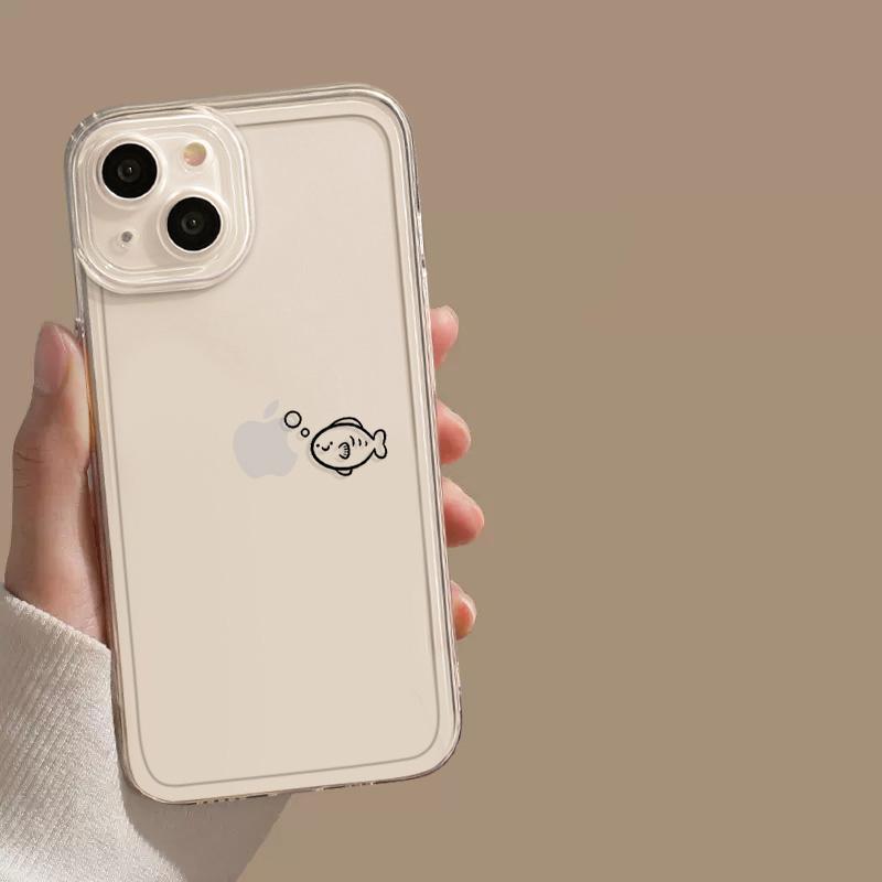 Мультяшный Милый Рыбка Кошка Прозрачный Чехол для Телефона Пара Для IPhone 17e 16e Air 17 16 14 15 Plus 13 11 12 Pro Max Прочный Прозрачный Чехол