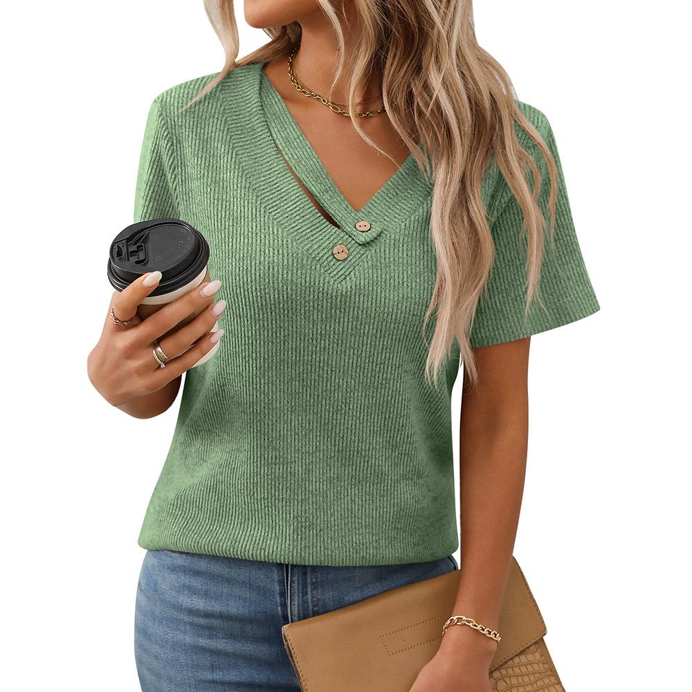 Knitted Pit Stripe V-neck Button Top Short Sleeved Women's T-shirts