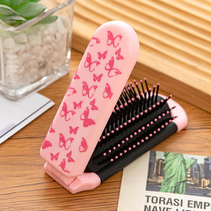 BEPAN Portable Folding Hair Comb Smooth Hair Cute Cartoon Print Air Cushion Combs 2 in 1 Integrated Comb and Mirror Massage Comb