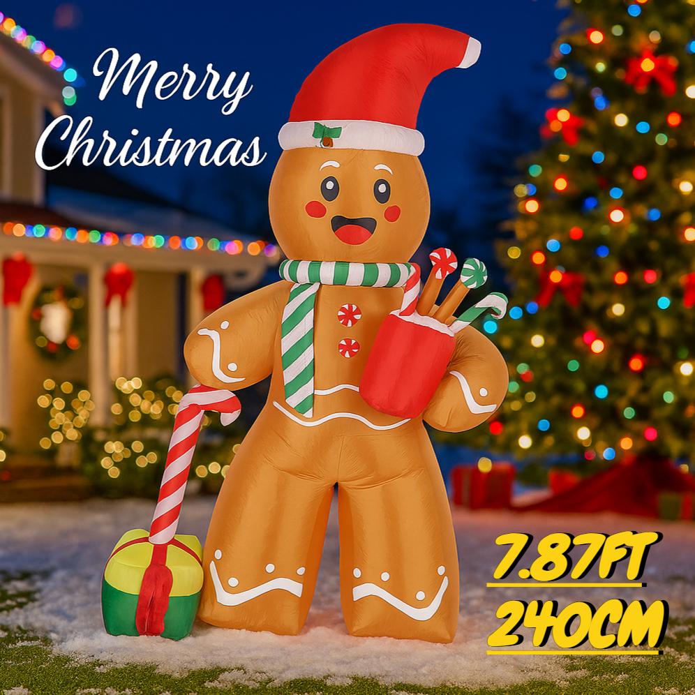 7.87FT Inflatable Toy Gingerbread Man Candy Cane Gift LED Lit Xmas Yard Party Decoration Christmas Home Supplies Ornaments Gifts