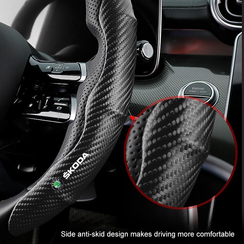 Non-Slip Universal Carbon Fiber Car Steering Wheel Cover for Skoda Octavia 1 2 3 A4 A5 MK2 Kodiaq Superb 3 Rapid Fabia 1 Car Styling