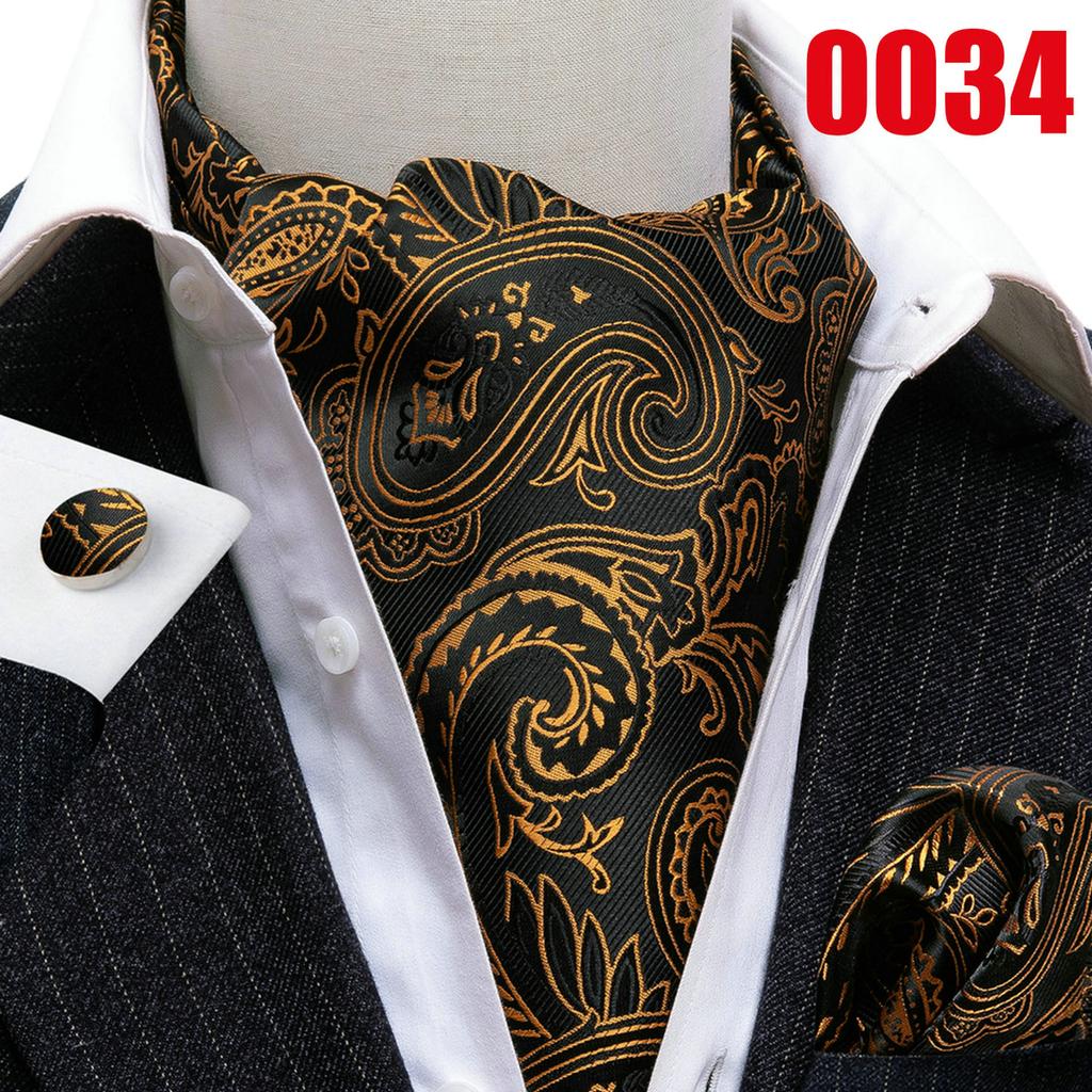 Barry.Wang Ascot Tie for Men Black&Gold Woven Silk Paisley Floral Cravat Pocket Square Cufflinks Set