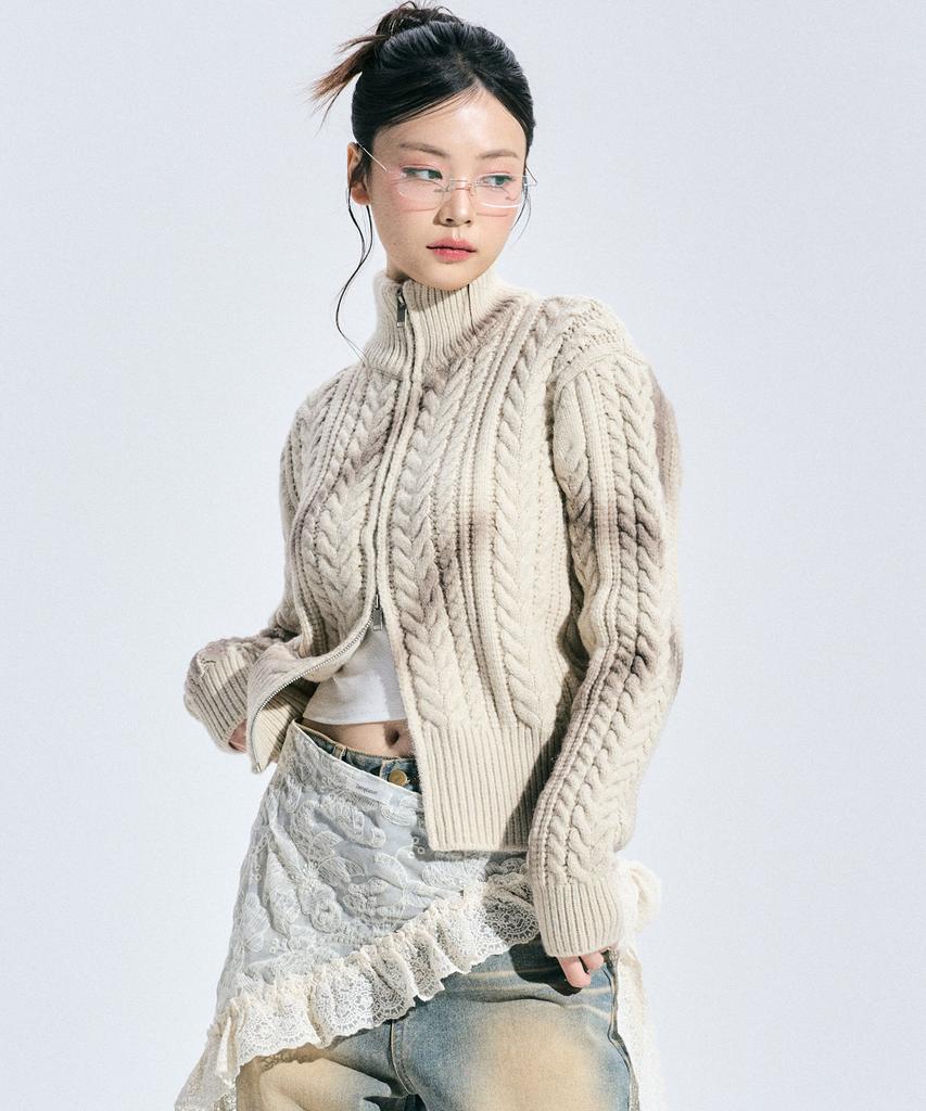 ZEROPLANET Eleanor Spray Knit Zip-Up [Beige]