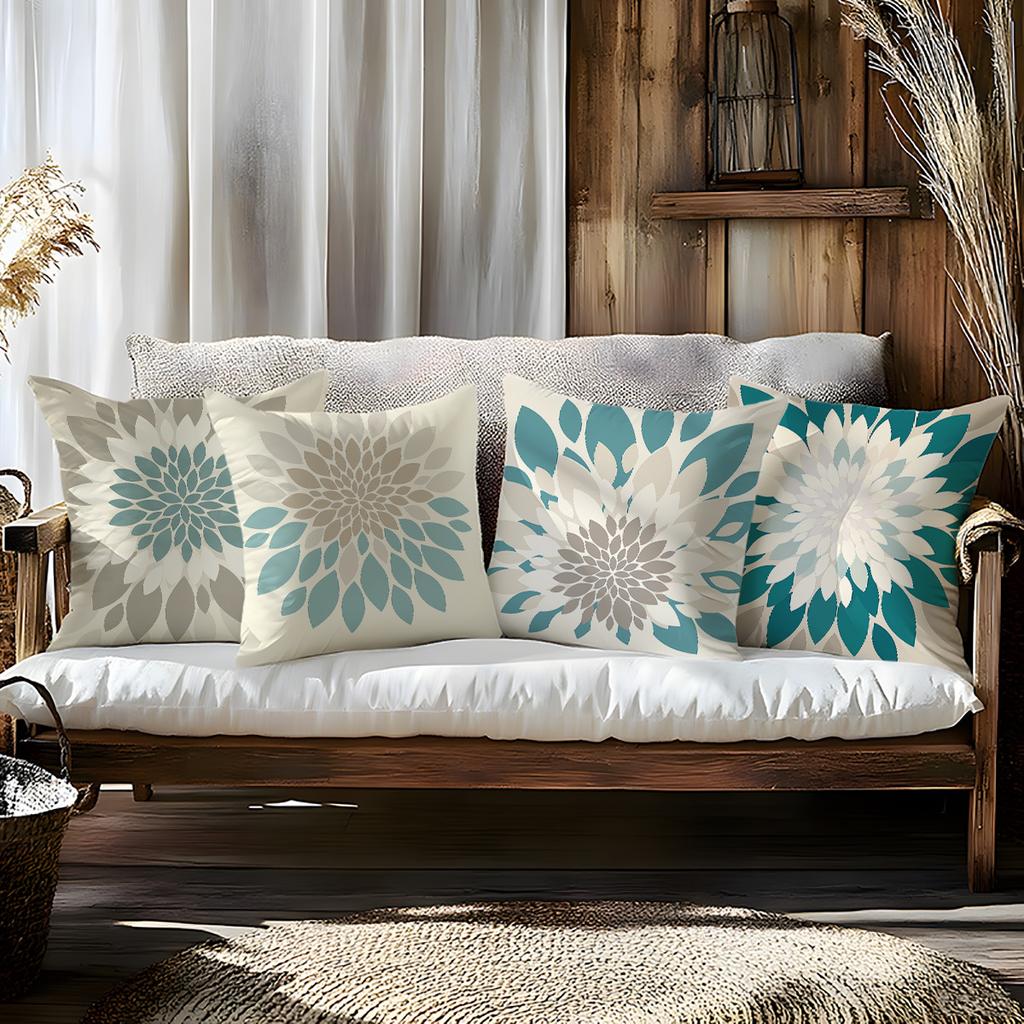 Teal Dahlia Floral Throw Pillow Covers, Geometric Flower Print Cushion Cases, Minimalist Neutral Home Decor Bedroom Living Room