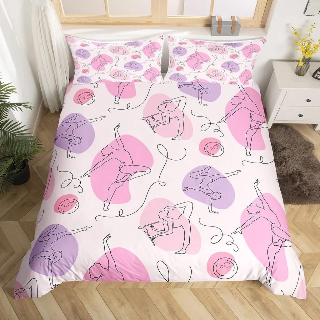 Gymnastics Dance Lovers Duvet Cover King,Watercolor Butterfly Star Sky Bedding Set 3pcs,Silhouette Rainbow Graffiti Quilt Cover