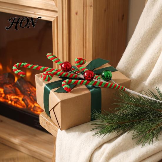 Plush Candy Cane Decor Christmas Pick, Red White Green Stem, Branch for Vase Filler, Wreath, Xmas Tree Decoration Filler