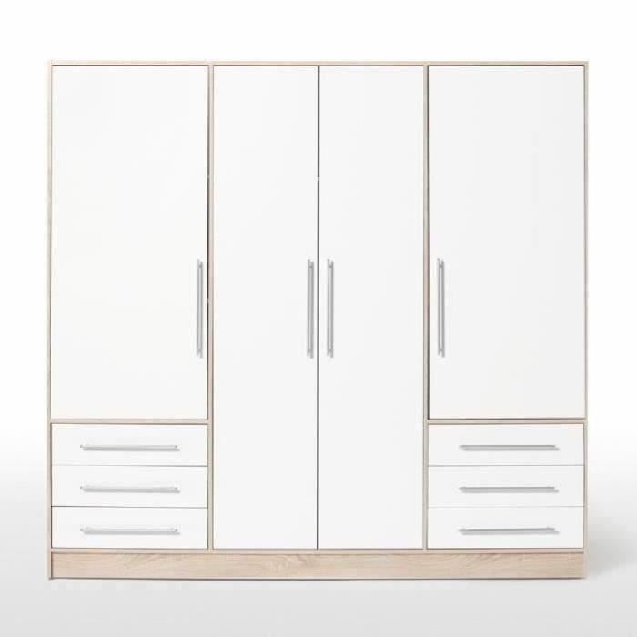 Armoire 4 portes battantes + 6 tiroirs - Chêne et blanc - L 206 x P 60 x H 200 cm - JUPITER