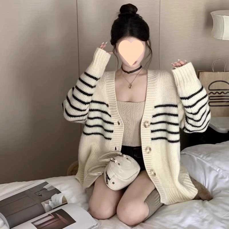 Women's Soft Striped Knitted Cardigan - Unique Lazy Style Sweater Coat for Spring & Autumn 2024