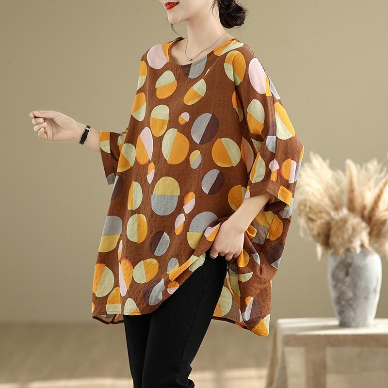 DIMANAF 2025 Весенняя футболка больших размеров Женская с принтом Рукав «летучая мышь» Горошек Винтажный Свободный топ Повседневный