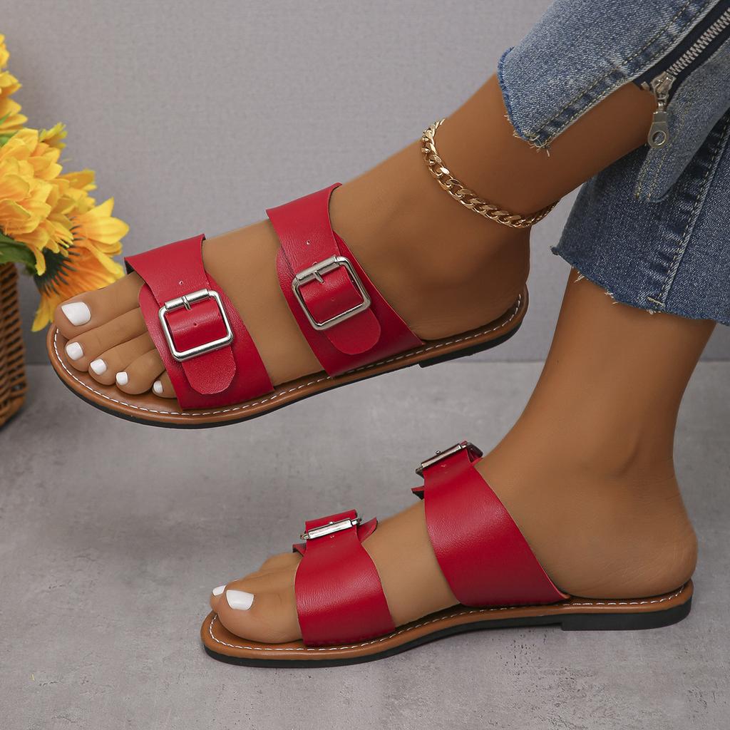 Европейские и американские импортные туфли большого размера с пряжкой на плоской подошве, однотонные женские новые трансграничные пляжные тапочки с открытым носком