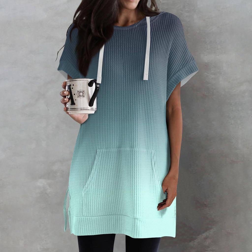 Женские свободные рубашки с принтом, толстовки с короткими рукавами и шнурком, вязаная туника с боковыми разрезами, топы с капюшоном и карманом