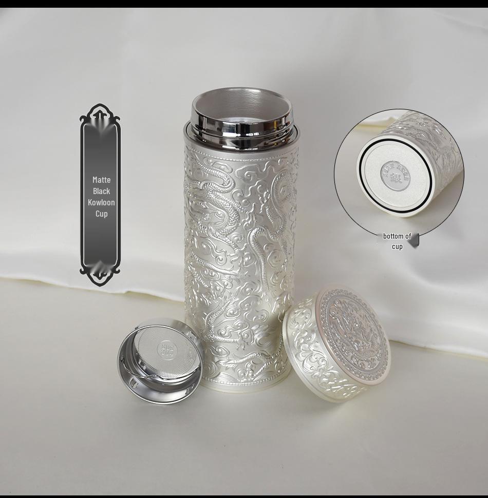 Pure Silver 9999 Thermal Water Cup - Nine Dragon, Hundred Blessings, Dragon & Phoenix Design