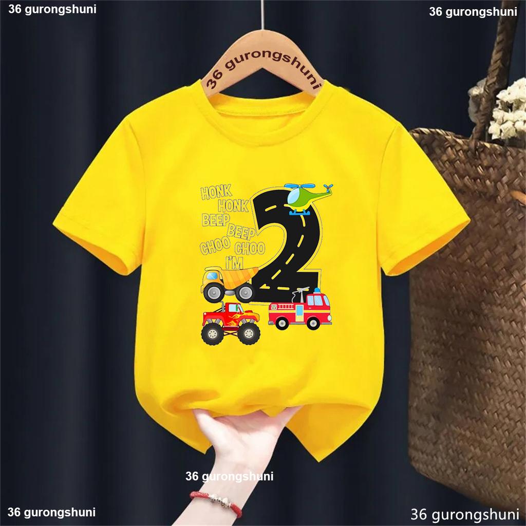 Birthday Gift Famer Tractor Fire Truck Aircraft Printed T Shirt Boys Kawaii Kids Clothes White/Blue/Yellow T-Shirt