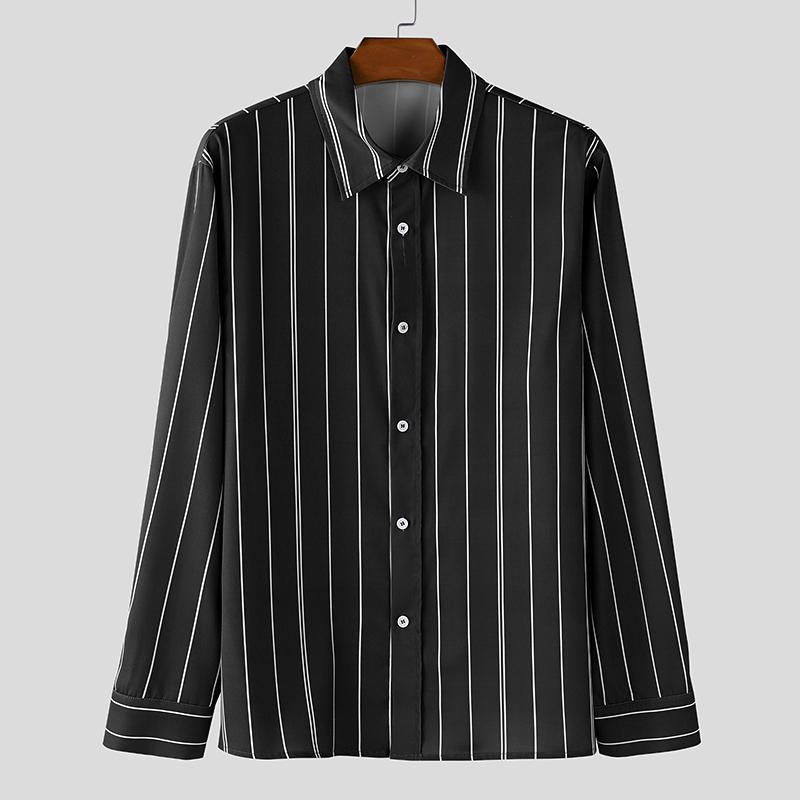 INCERUN Oversized Men Turn-down Collar Long Sleeve Striped Casual Loose Shirts