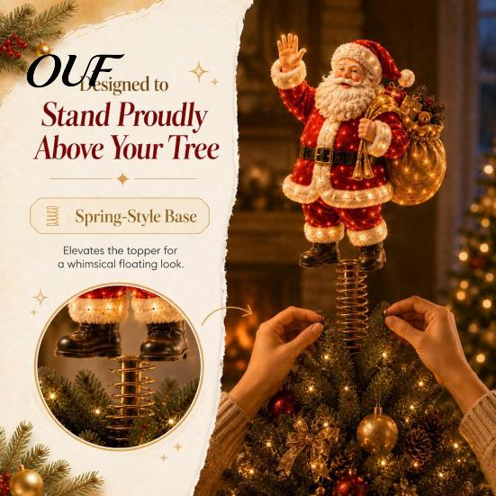 Unique Winter Home Ornament Lighted Christmas Tree Topper, Illuminated Santa Claus Gingerbread Nutcracker Treetop Gold Silver Red Topper with