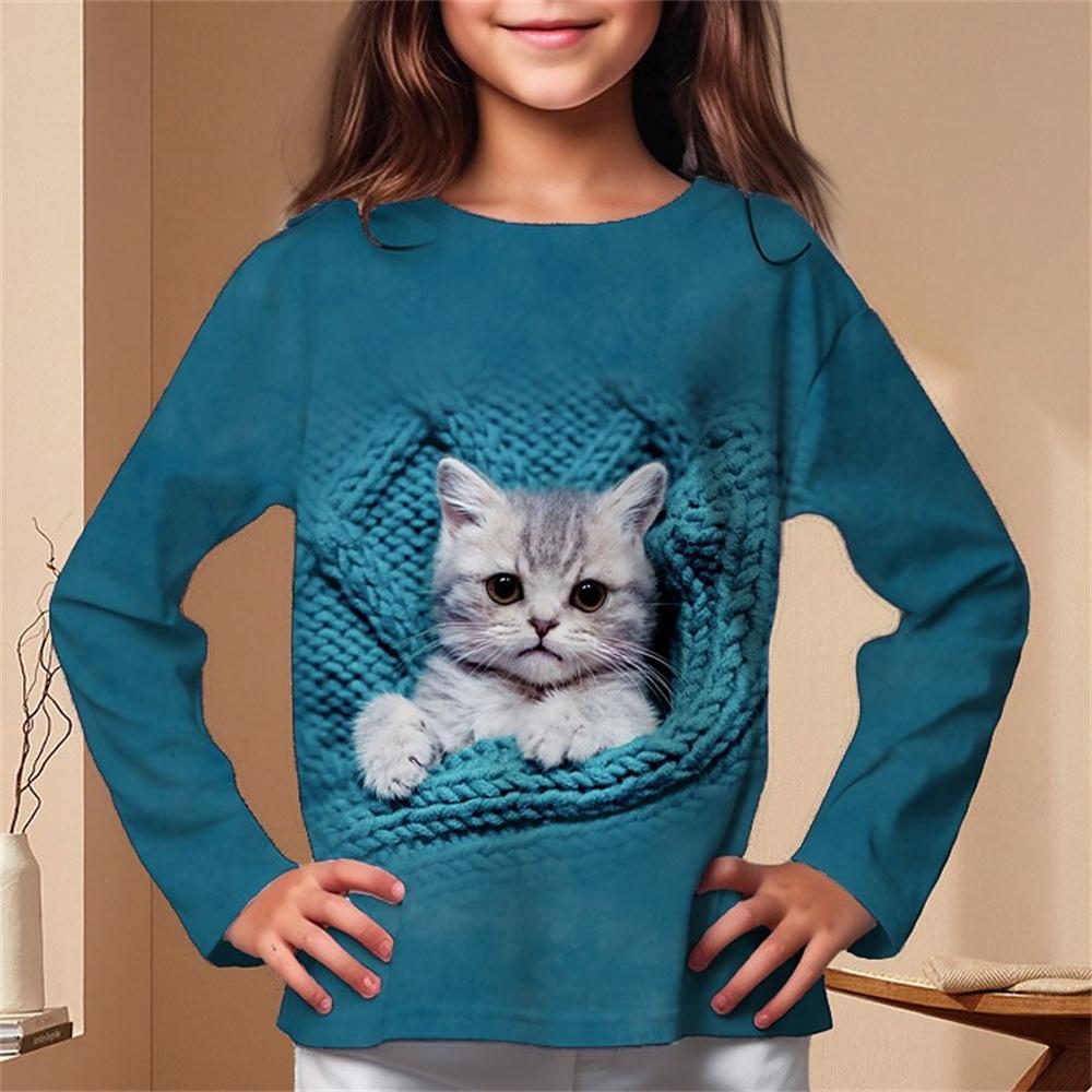 Girl Clothes Casual 3D Cat Graphic T Shirts Long Sleeve Tshirts Round Neck White T-Shirt Fashion Tops Outdoor Clothing for Girls