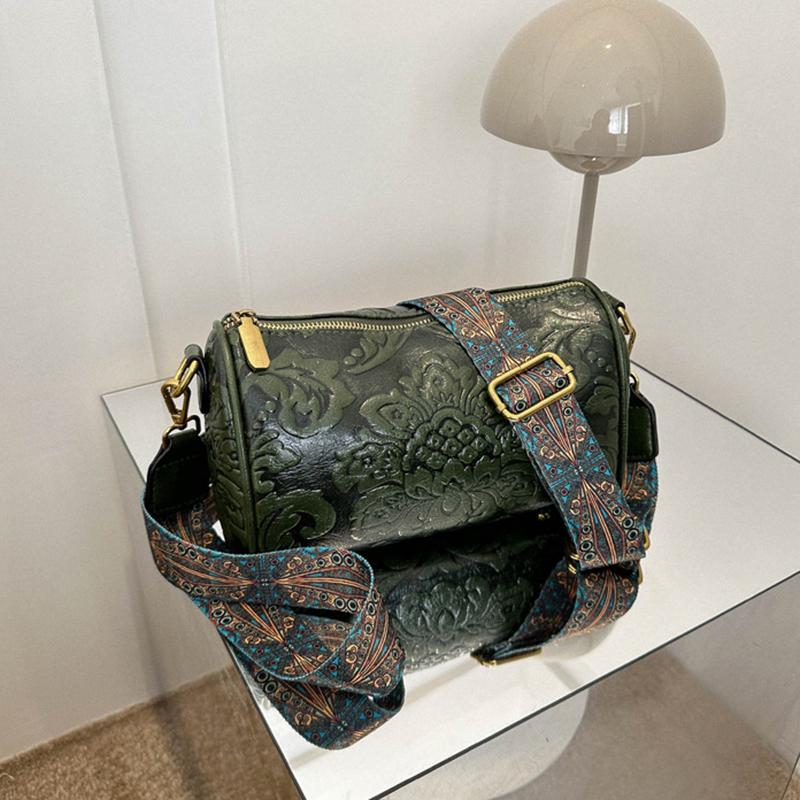 Yogodlns Винтажная сумка через плечо с цветочным тиснением в этническом стиле, цилиндрический кошелек, женская сумка на плечо с широким ремешком