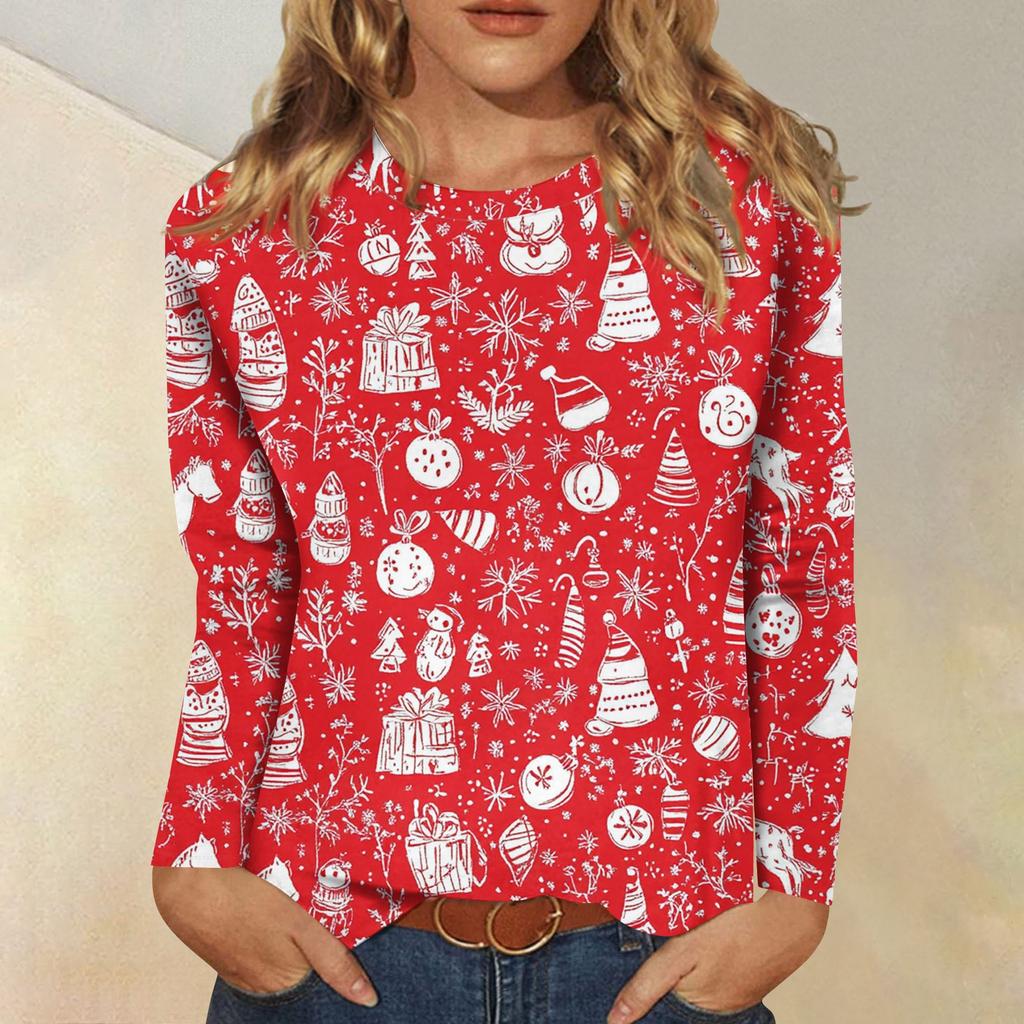 Женская модная повседневная футболка с круглым вырезом и рождественским принтом и длинными рукавами