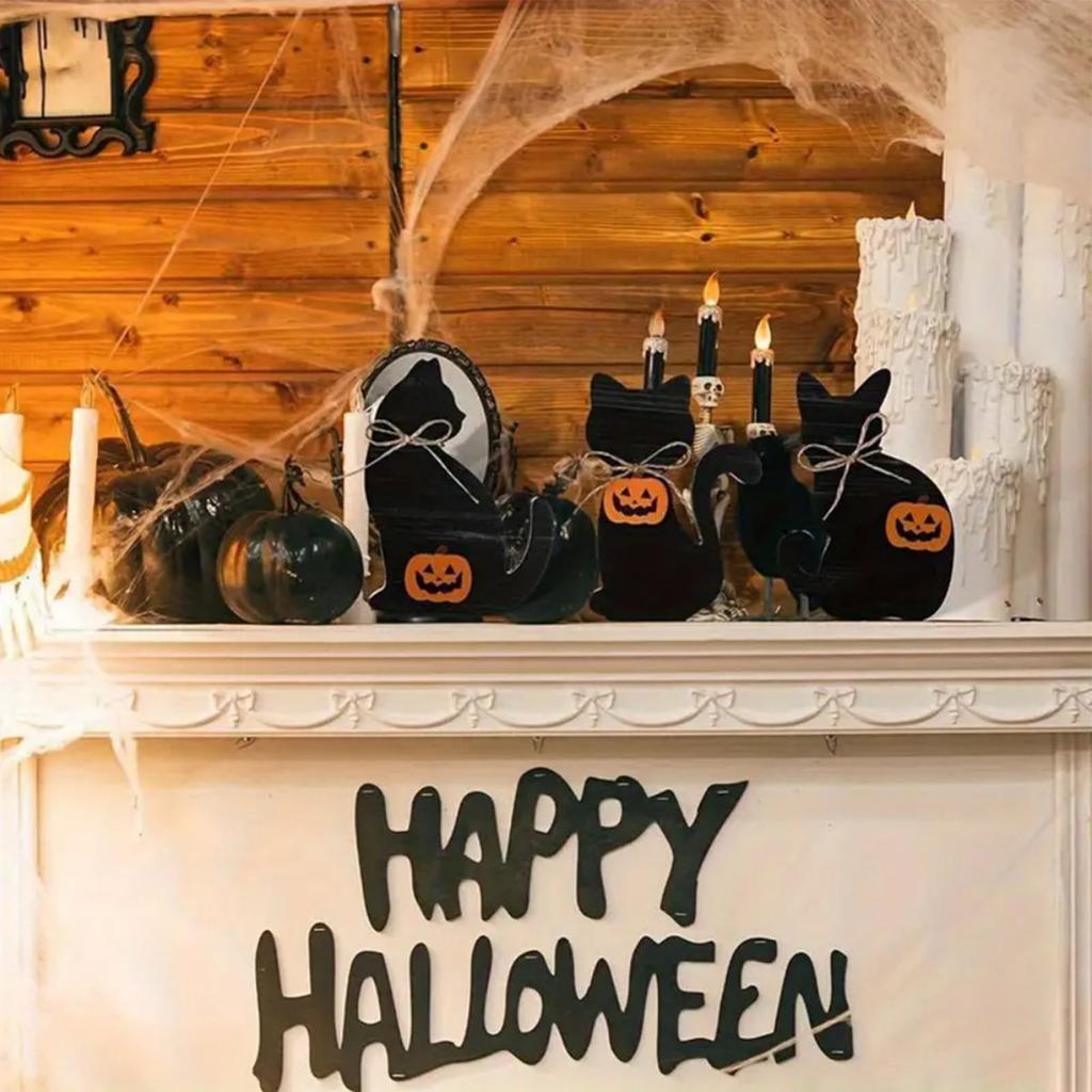 3 Halloween Cat Wood Table Cards, Halloween Tiered Tray Decorations, Rustic Halloween Tabletop Block Signs, Fall Centerpieces For Halloween Home