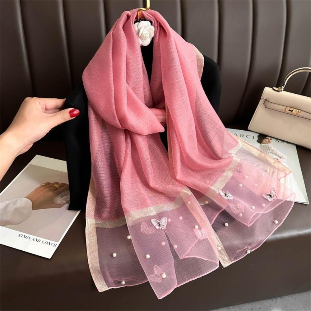 Thin Butterfly Embroidery Scarf Pearl Women Hijab Shawls Elegant Silk Scarf Lady