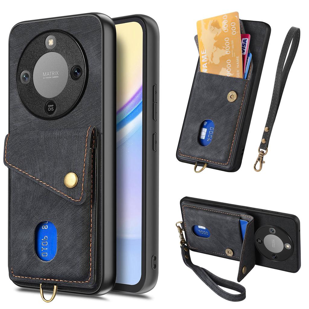 Чехол для телефона Honor Magic8 Lite 5G / X9d 5G / X70 5G с держателем для карт, подставкой, кожаной задней крышкой и ремешком на запястье
