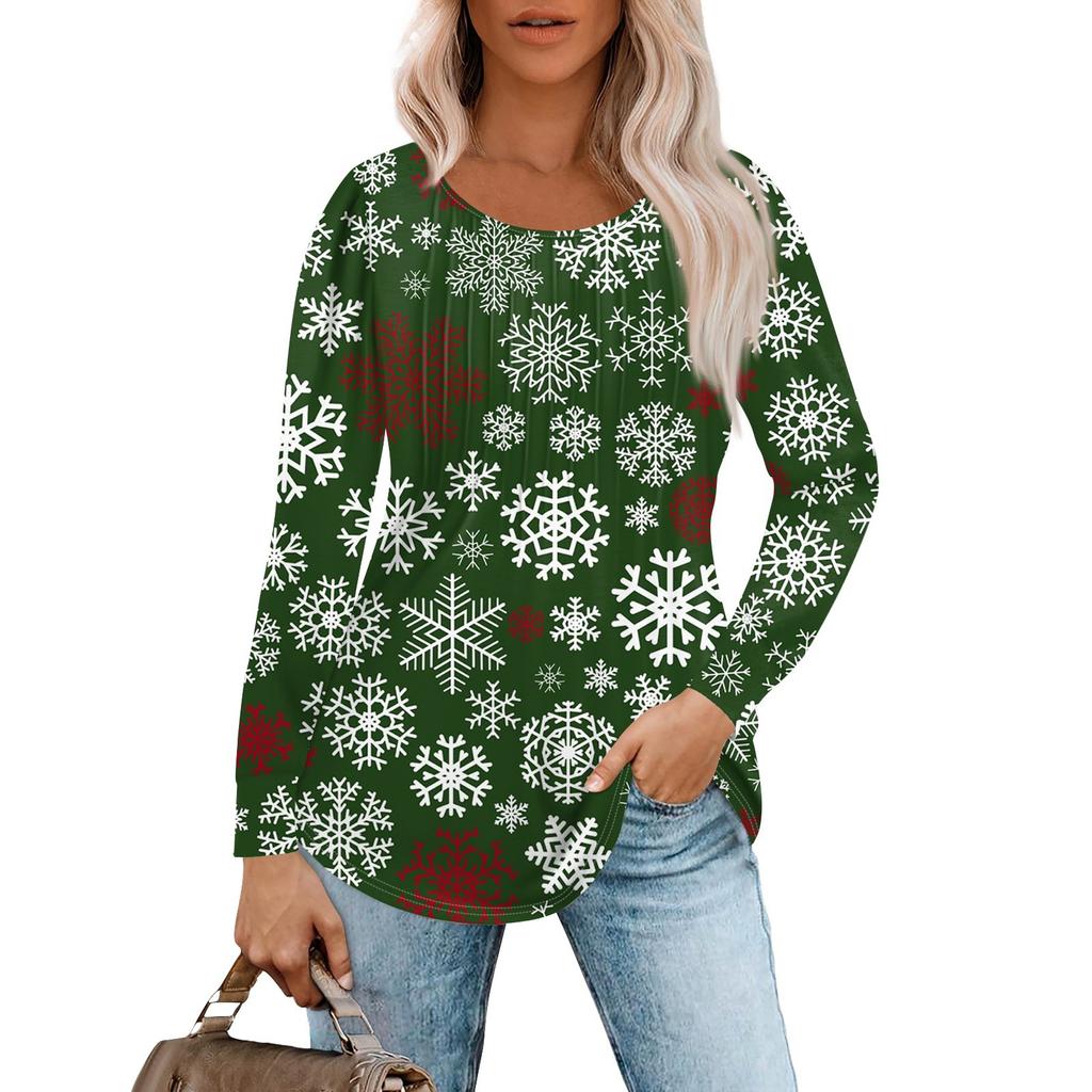 Женская повседневная футболка с круглым вырезом и длинными рукавами с рождественским принтом и складками