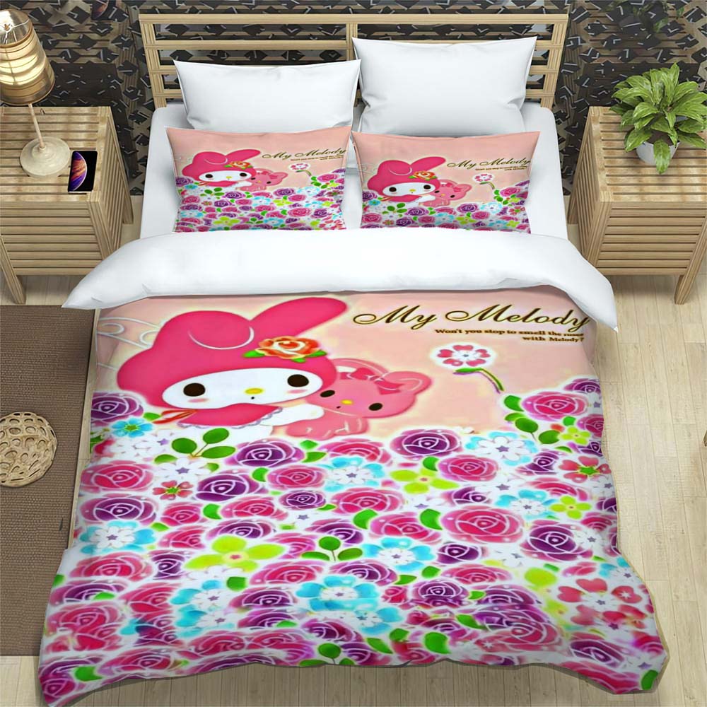 The My Melody cartoon-patterned three-piece bedding set, including a duvet cover and two pillowcases, is the perfect choice for