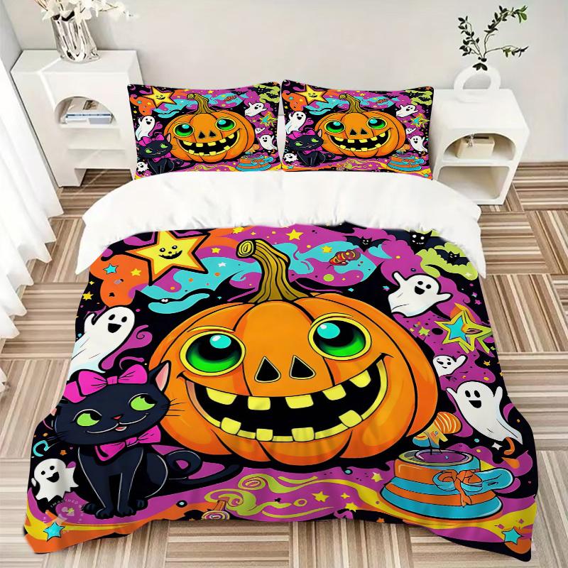 3pcs Happy Pumpkin Halloween Bedding Set - Includes 1 Quilt Cover and 2 Pillowcases, Comfortable Bedding with Stylish Design for Bedroom,N059