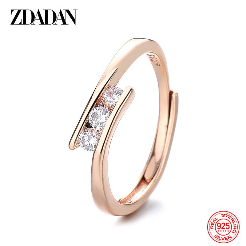 925 Sterling Silver Rose Gold Simple Zircon Adjustable Ring for Women Girls Fashion Jewelry